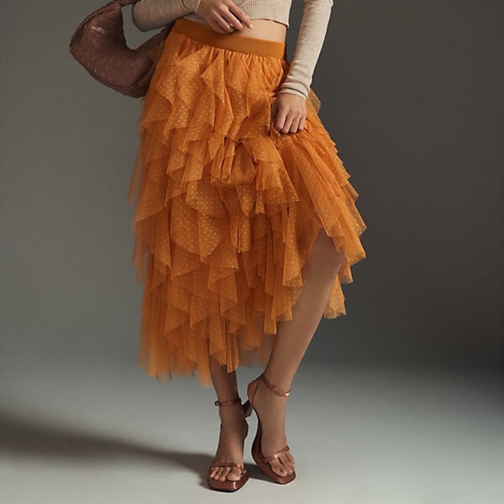 The Chéri Orange Ruffled Tulle Midi Skirt by Anthropologie Size XXS